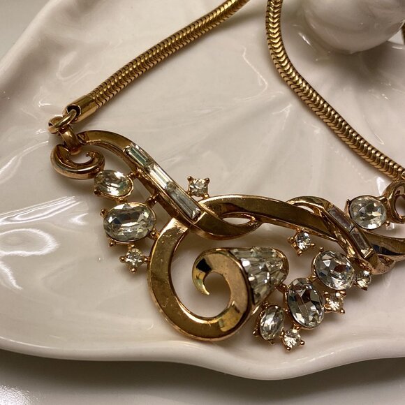 Vintage Signed TRIFARI Pat Pend Alfred Phillipe Gold Tone RHINESTONE NECKLACE - Picture 3 of 9